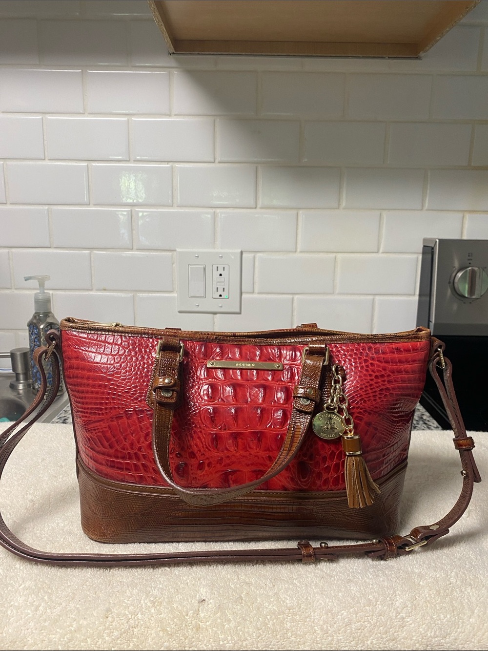 Brahmin Red Croc-Embossed Leather Shoulder Bag with Brown Trim